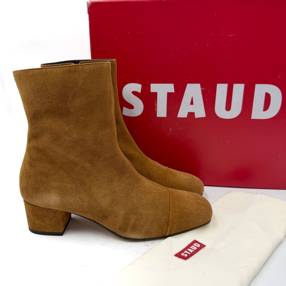 Staud Aimee Short Boot Tan Suede Square Cap Toe Block Heel Women Sz 39.5 / 9.5 - Picture 2 of 11